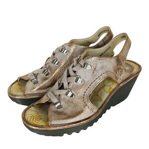 Fly London YLVA Metallic Gold Suede Lace-Up Wedge Peep Toe Slingback Sandals